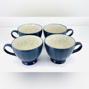 [SET OF 4] Signature Housewares Navy Blue Stoneware Footed Mugs Cups (CHEVRON